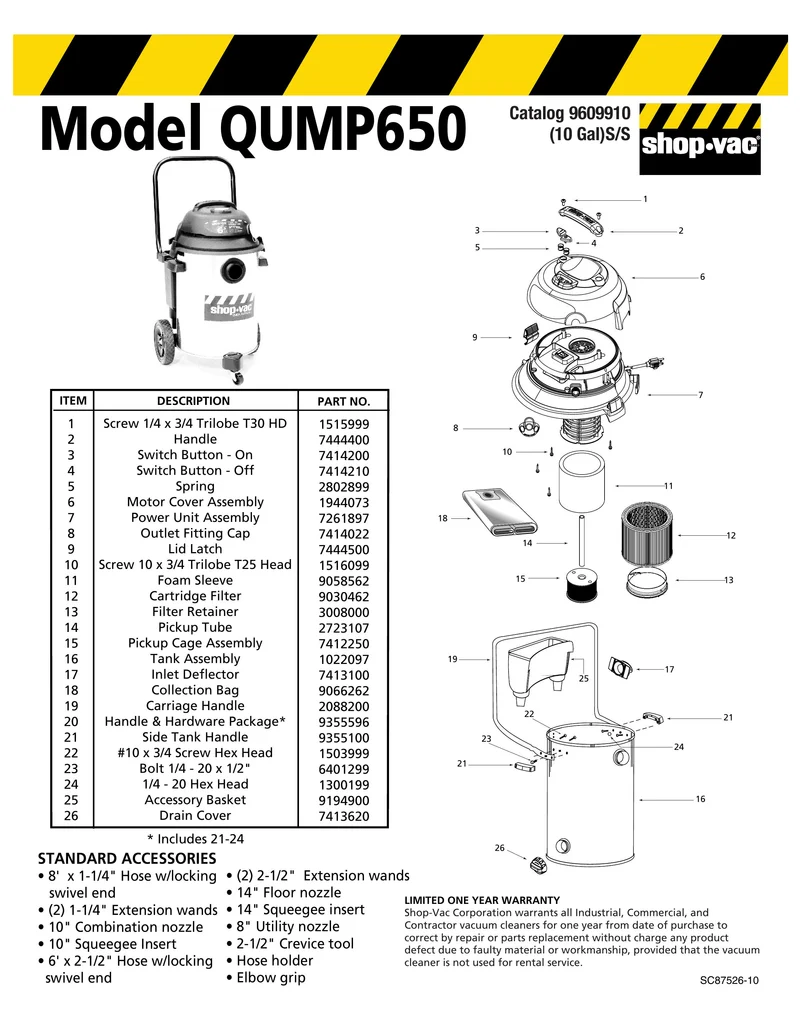 Shop-Vac Parts List for QULP650 Models (14 Gallon* Black / Stainless Steel Industrial Pump Vac)
