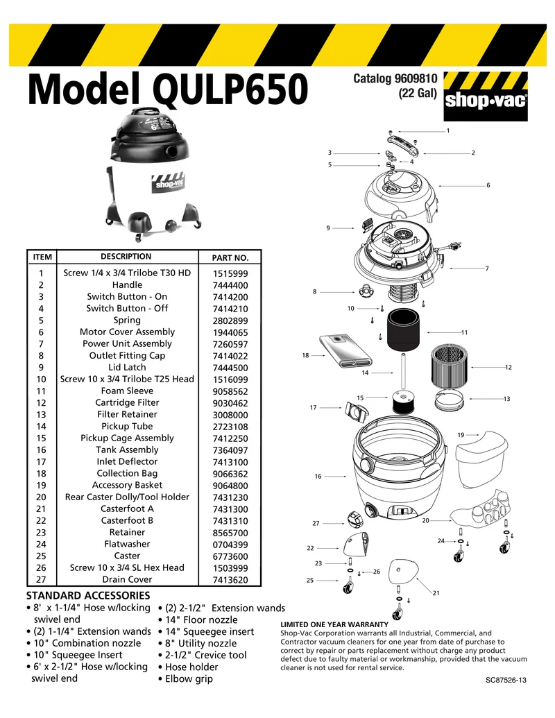 Shop-Vac Parts List for QULP650 Models (22 Gallon* Yellow / Black Industrial Pump Vac)