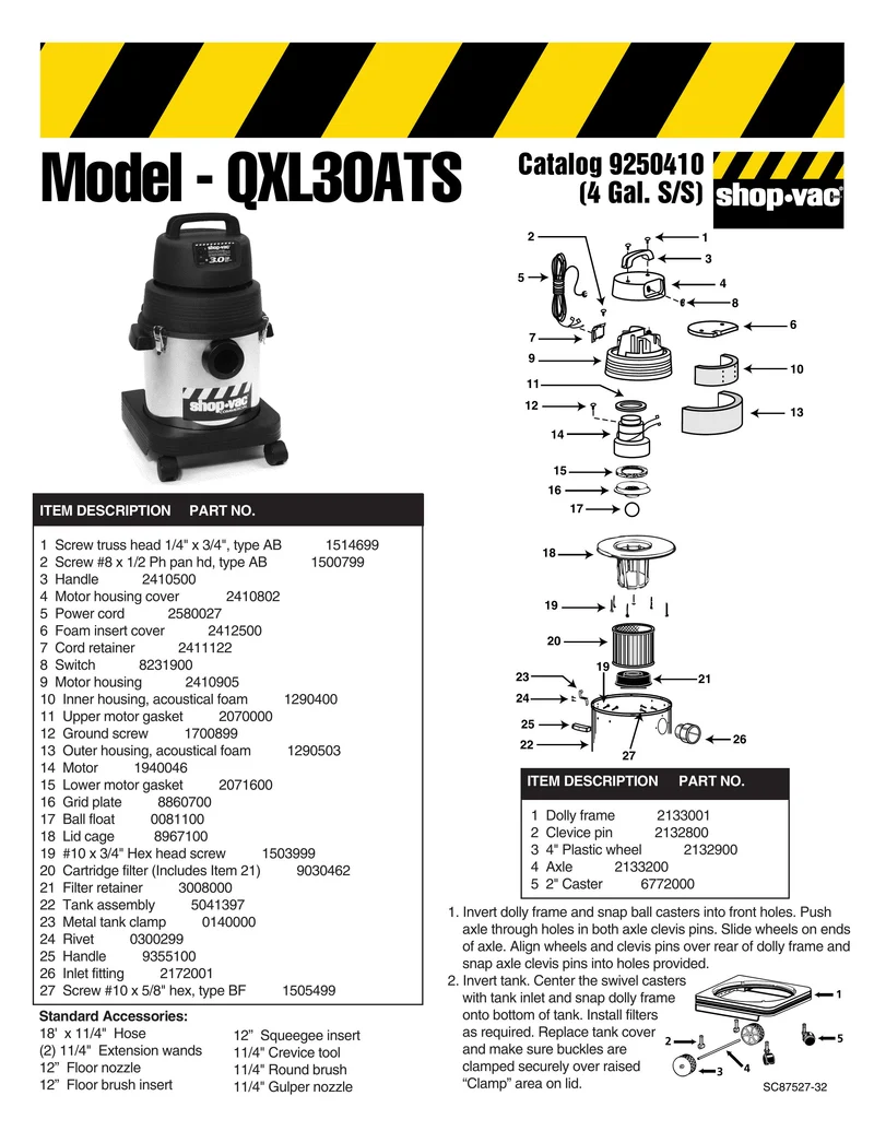 Shop-Vac Parts List for QXL30ATS Models (4 Gallon* Black / Stainless Steel Vac)
