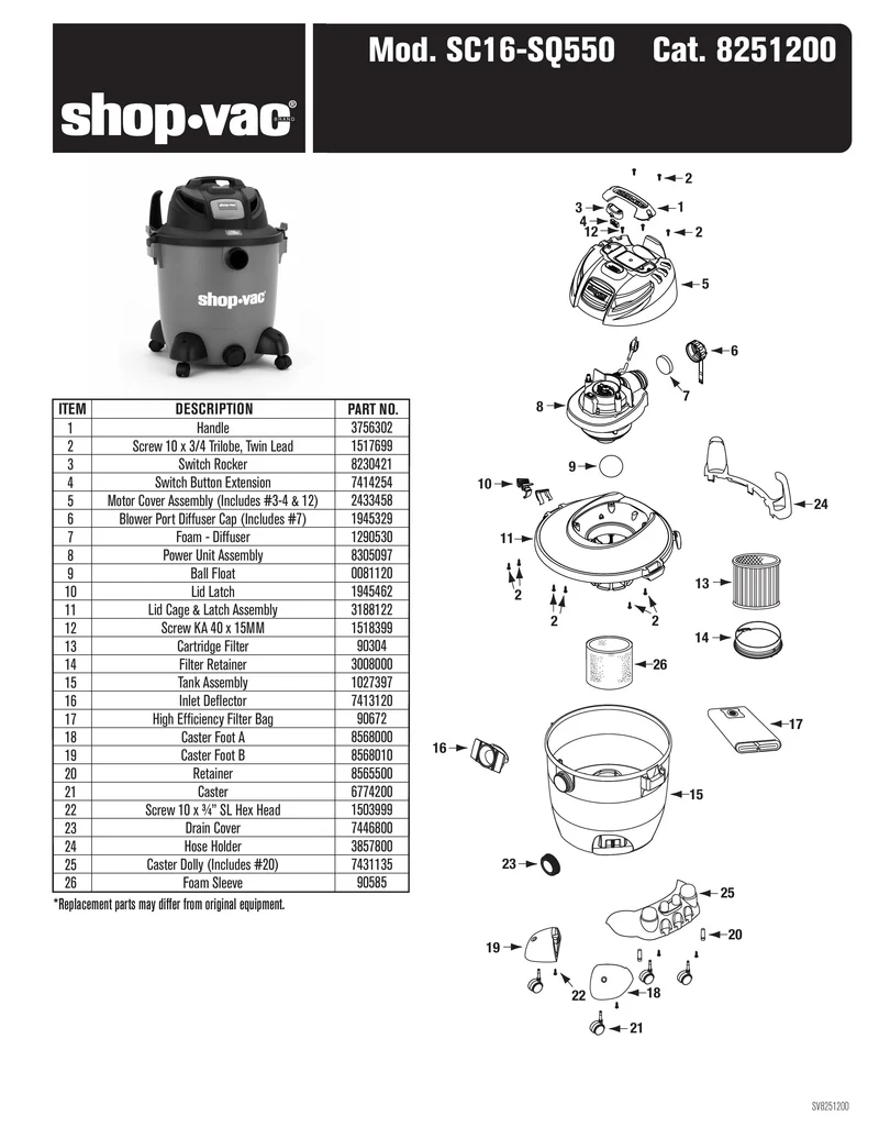 Shop-Vac Parts List for SC16-SQ550 Models (Shop-Vac 12 Gallon* 5.5 Peak HP** Wet/Dry Utility Vacuum with SVX2 Motor Technology)