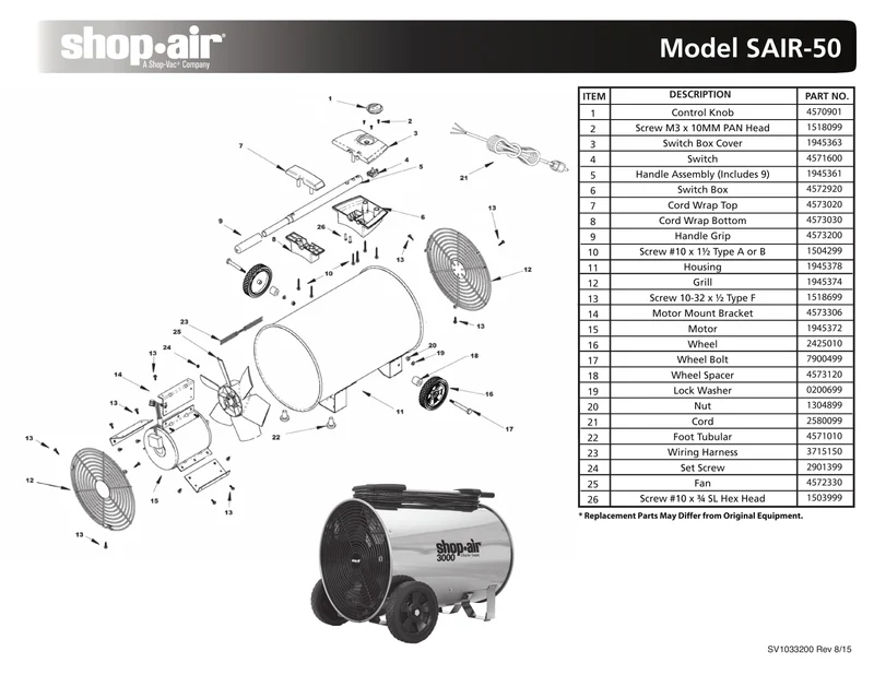 Shop-Vac Parts List for SAIR-50 Models (Shop-Air 3000 Max. CFM Air Circulator)