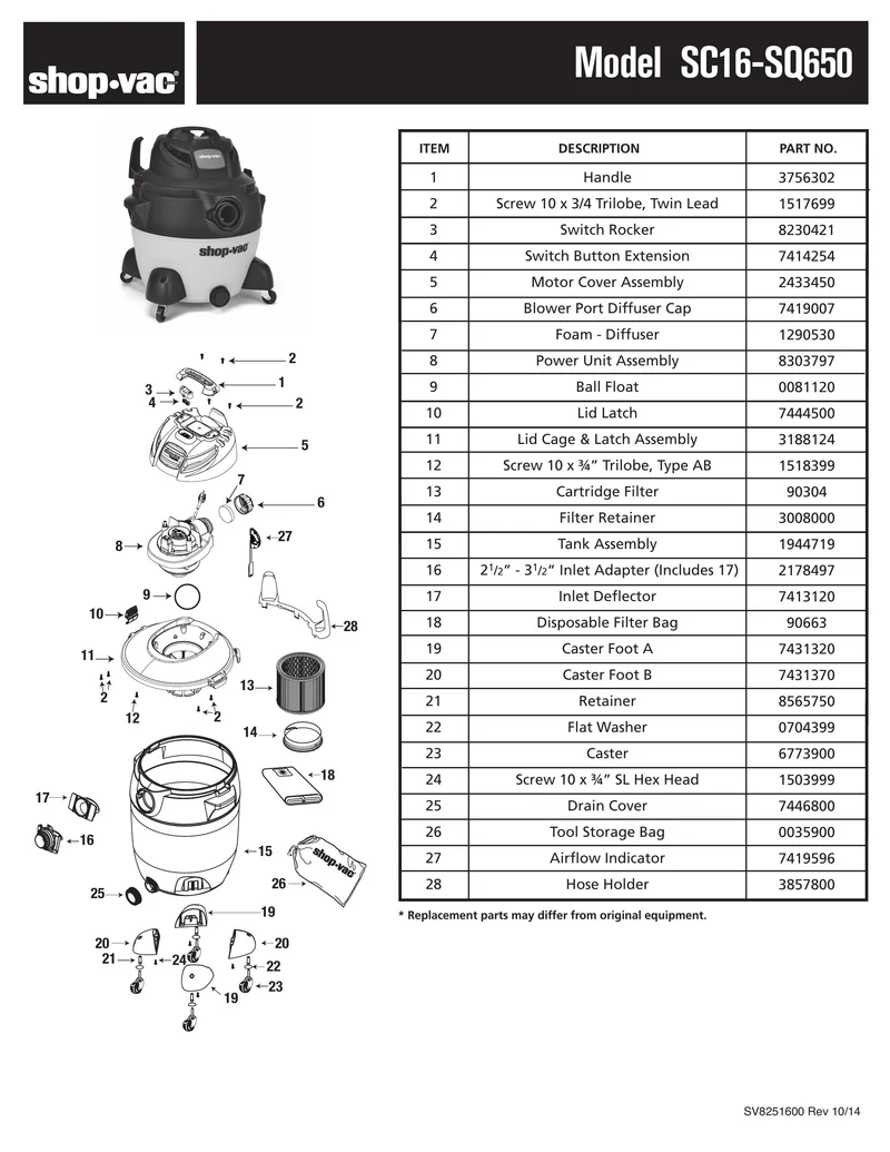 Shop-Vac Parts List for SC16-SQ650 Models (16 Gallon* Yellow / Black SVX2 Vac w/ removable inlet adaptor)