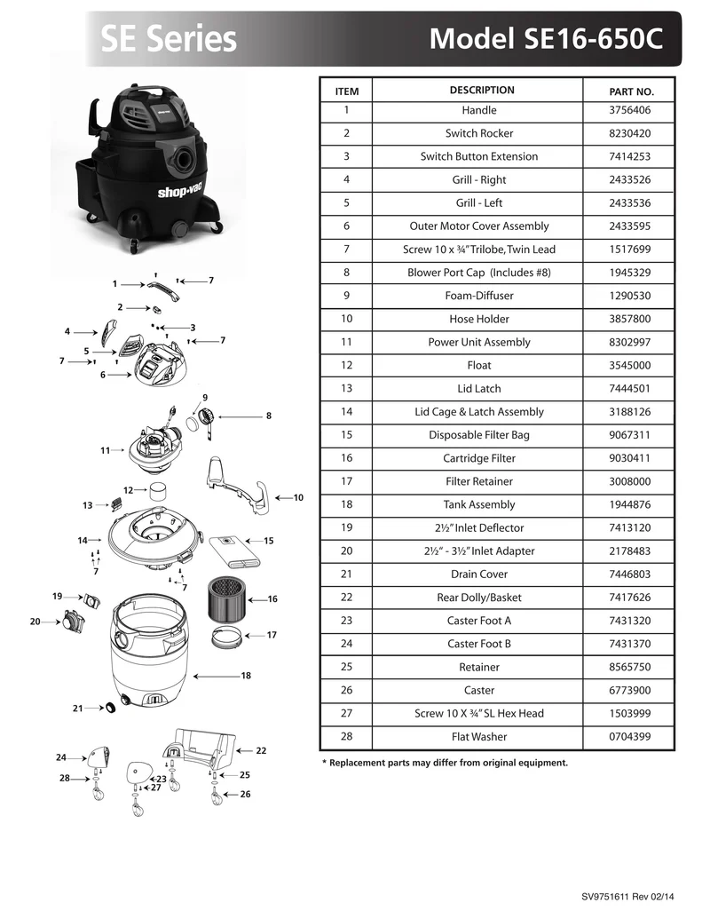 Shop-Vac Parts List for SE16-650C Models (16 Gallon* Black / Red Vac)