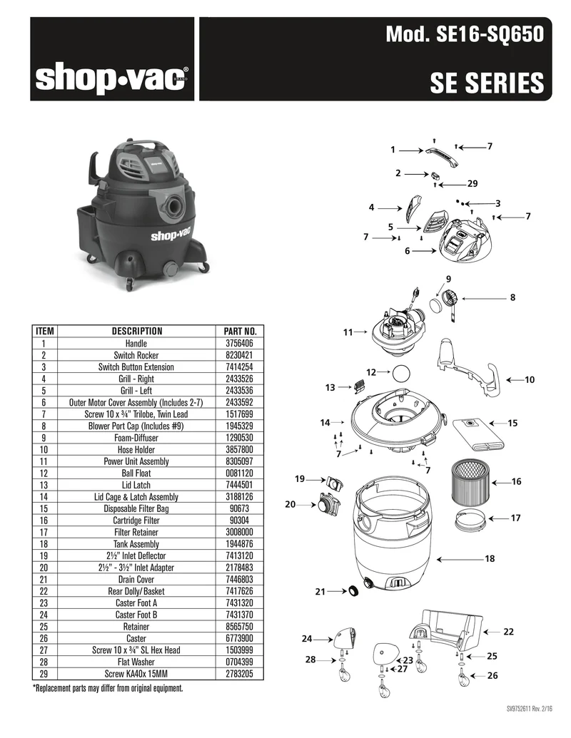 Shop-Vac Parts List for SE16-SQ650 Models (16 Gallon* Black / Red Vac w/ removable inlet adaptor)