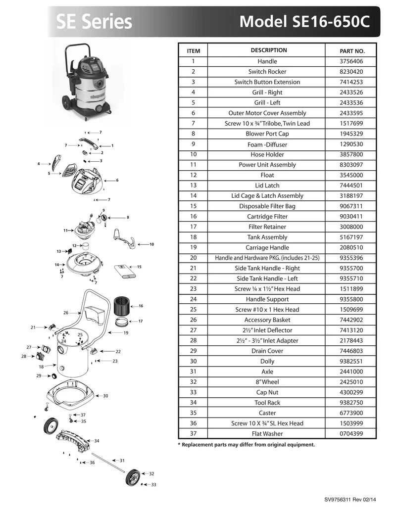 Shop-Vac Parts List for SE16-650C Models (16 Gallon* Black / Red Stainless Steel Vac)