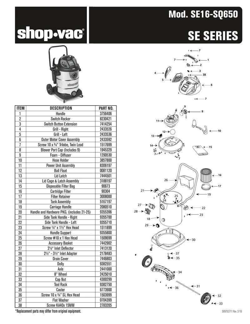Shop-Vac Parts List for SE16-SQ650 Models (16 Gallon* Black / Red Stainless Steel Vac w/ removable inlet adaptor)
