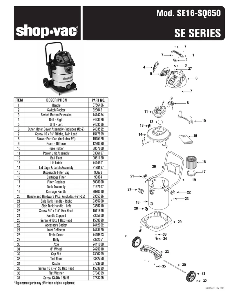 Shop-Vac Parts List for SE16-SQ650 Models (16 Gallon* Black / Red Stainless Steel Vac)