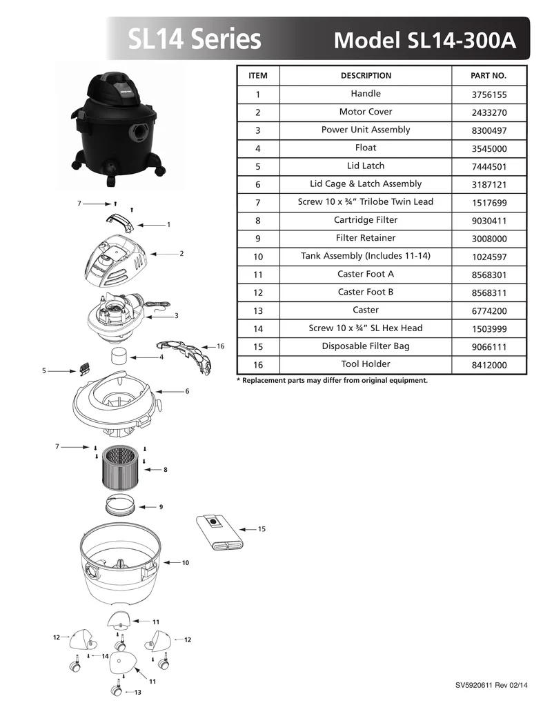 Shop-Vac Parts List for SL14-300A Models (6 Gallon* Black / Red Vac)