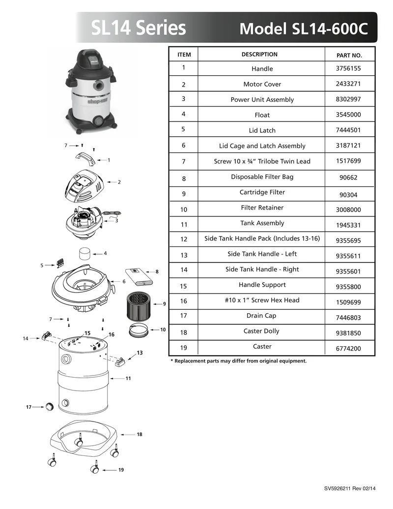 Shop-Vac Parts List for SL14-600C Models (12 Gallon* Black / Red Stainless Steel Vac)