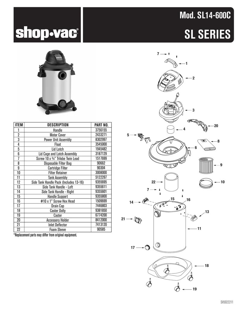 Shop-Vac Parts List for SL14-600C Models (12 Gallon* Black / Red Stainless Steel Vac w/ Tool Holder)