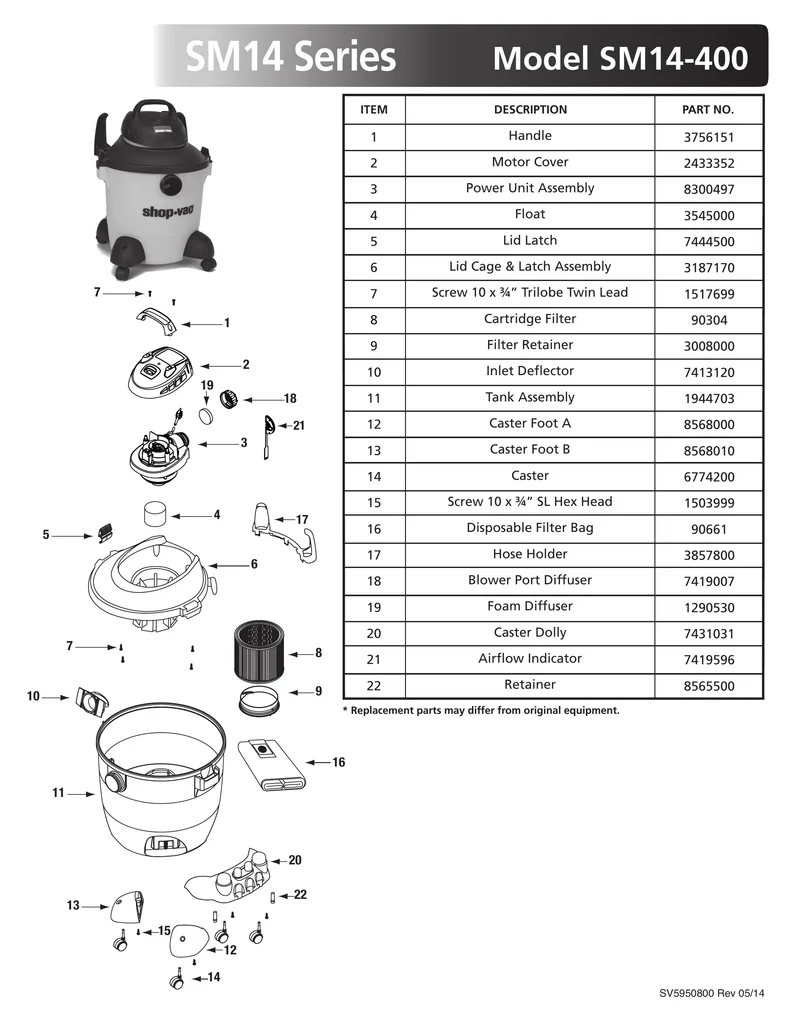 Shop-Vac Parts List for SM14-400 Models (8 Gallon* Yellow / Black Vac)