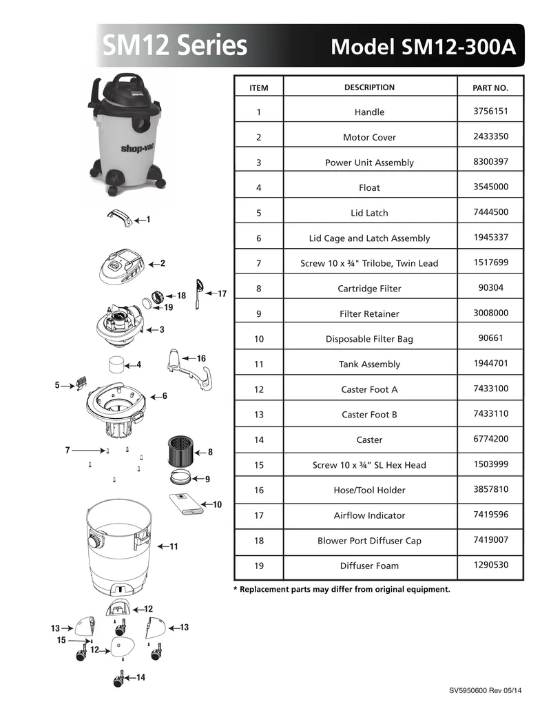 Shop-Vac Parts List for SM12-300A Models (6 Gallon* Yellow / Black Vac)