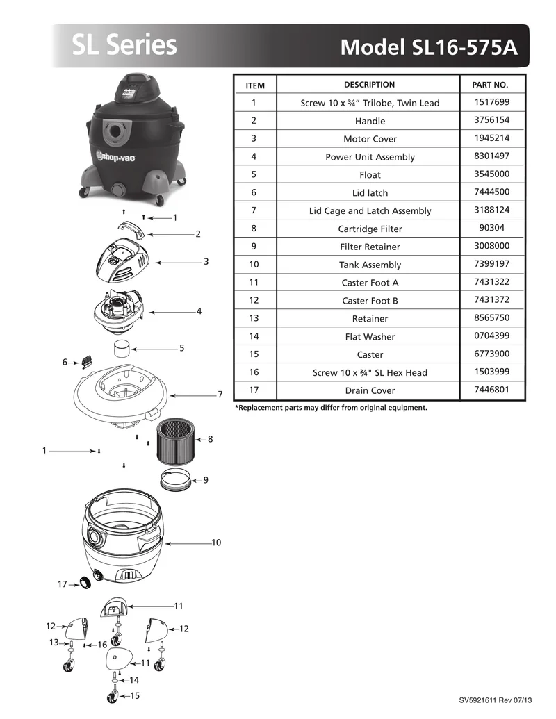 Shop-Vac Parts List for SL16-575A Models (16 Gallon* Black / Red Vac)