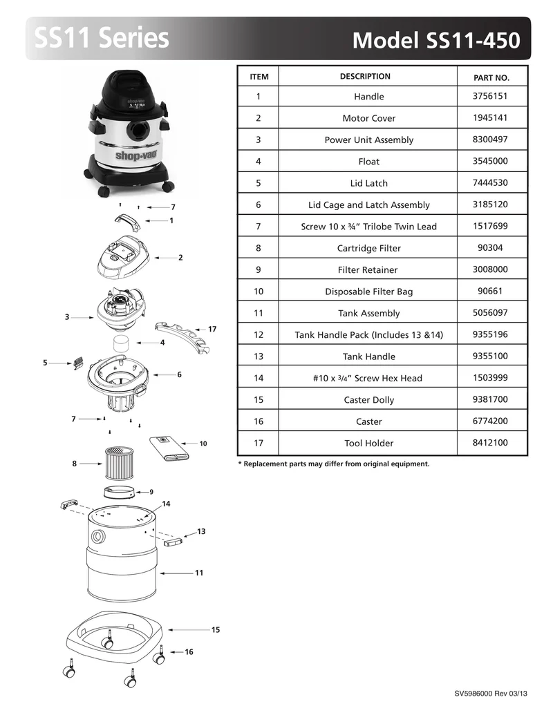 Shop-Vac Parts List for SS11-450 Models (5 Gallon* Black / Red Stainless Steel Vac w/ Tool Holder)