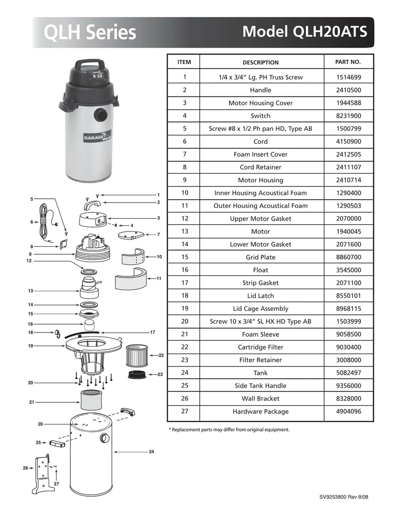 Shop-Vac Parts List for QLH20ATS Models (8 Gallon* Black / Stainless Steel Wall Mount Garage Vac)