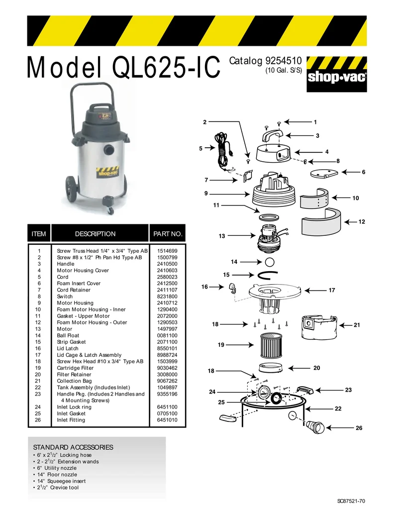 Shop-Vac Parts List for QL625-IC Models (10 Gallon* Black / Stainless Steel Industrial Vac)