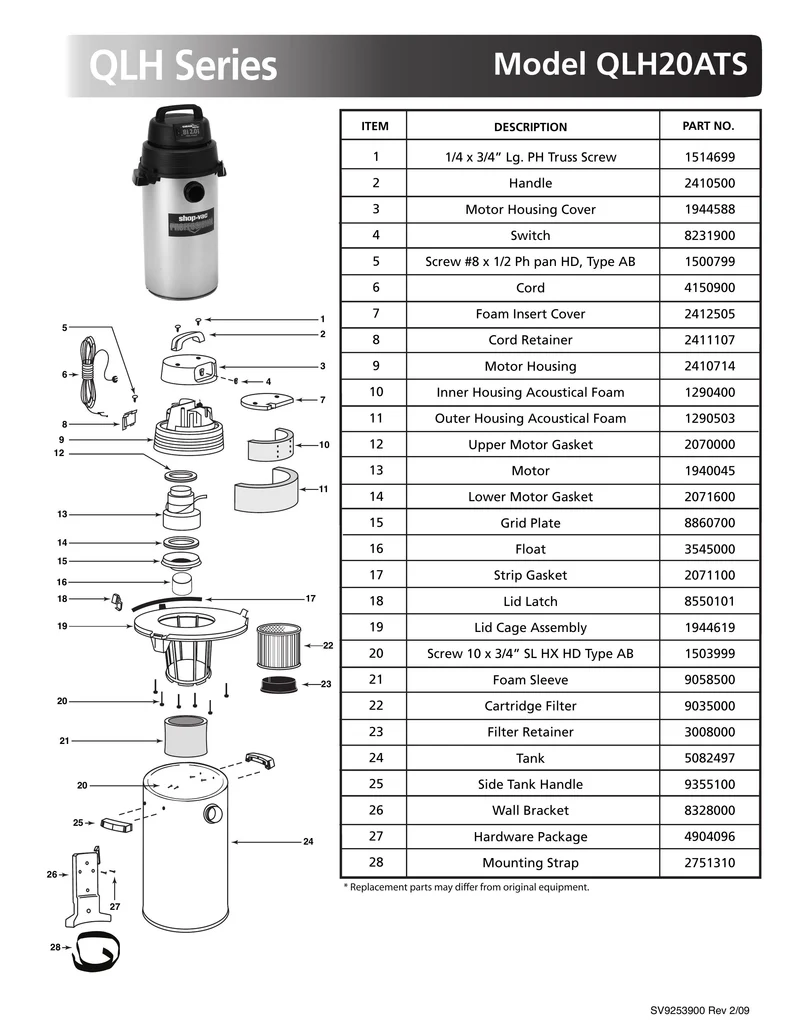 Shop-Vac Parts List for QLH20ATS Models (8 Gallon* Black / Stainless Steel Wall Mount Professional Vac)