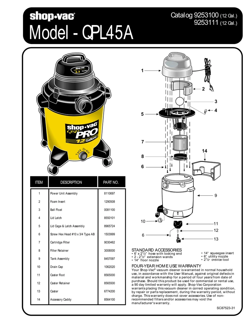 Shop-Vac Parts List for QPL45A Models (12 Gallon* Yellow / Black Vac)