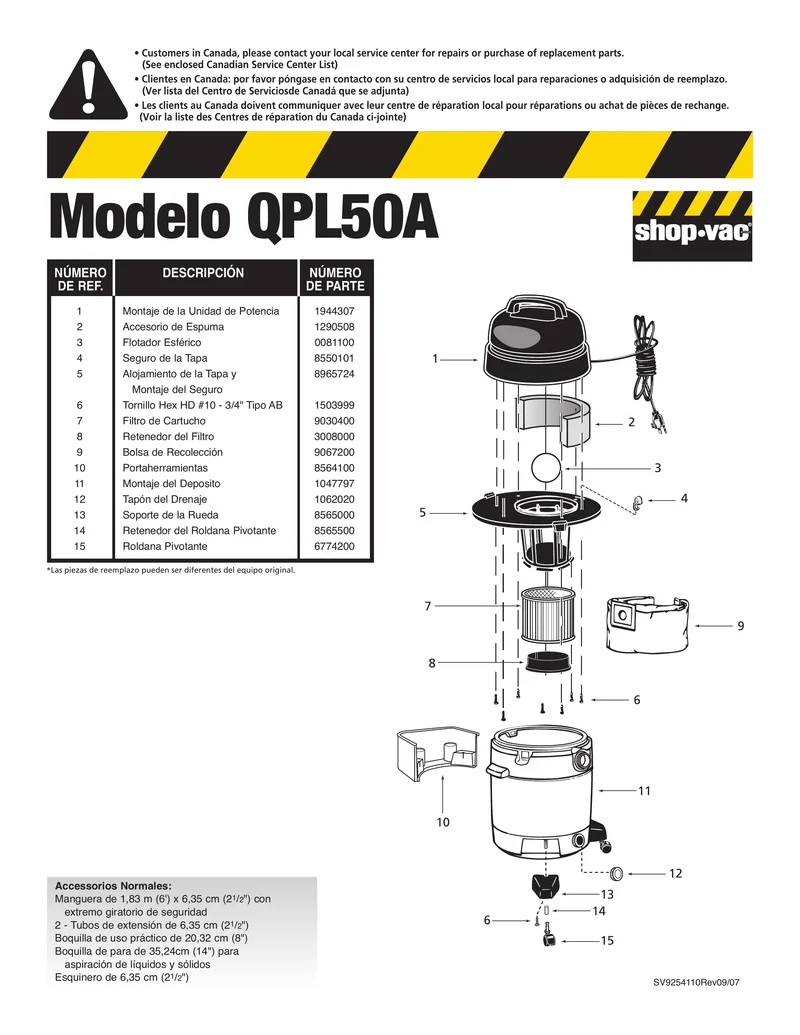 Shop-Vac Parts List for QPL50A Models (12 Gallon* Yellow / Black Industrial Vac)