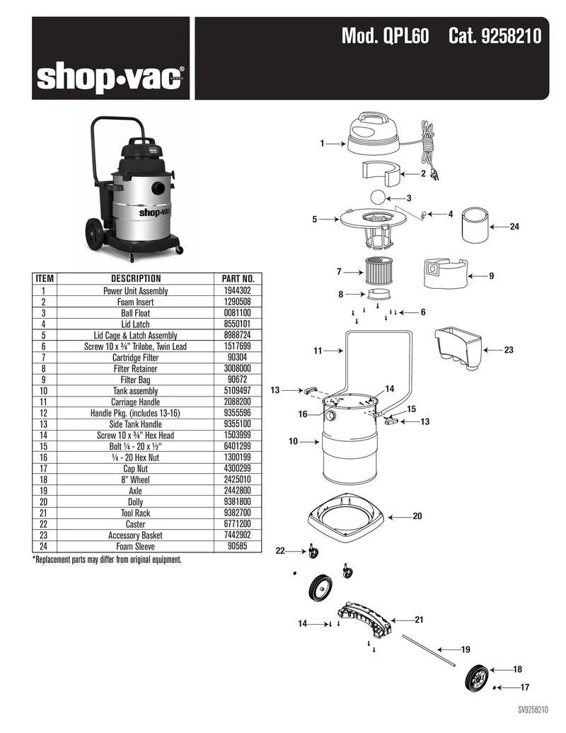 Shop-Vac Parts List for QPL60 Models (Shop-Vac 10 Gallon* 6.0 Peak HP** Stainless Steel Industrial Wet/Dry Vac)