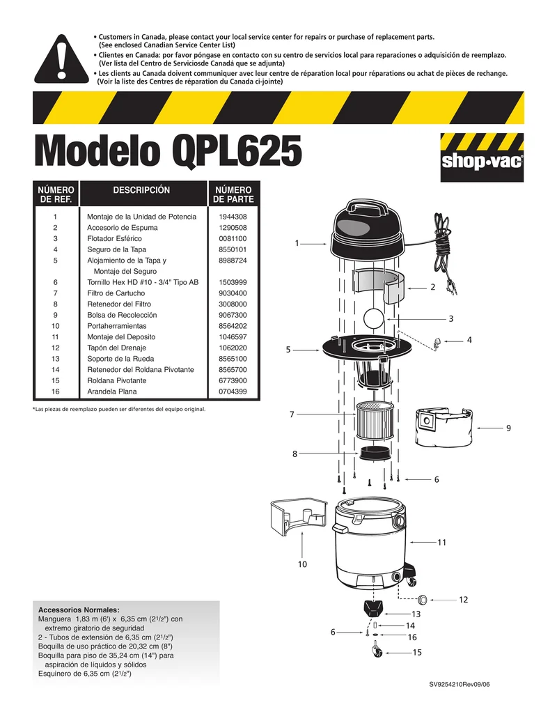 Shop-Vac Parts List for QPL625 Models (16 Gallon* Yellow / Black Industrial Vac)