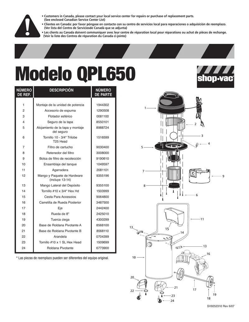 Shop-Vac Parts List for QPL650 Models (10 Gallon* Black / Stainless Steel Vac w/ rear wheel dolly & carriage handle)