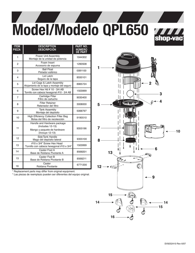 Shop-Vac Parts List for QPL650 Models (6 Gallon* Black / Stainless Steel Vac w/ 4 caster feet)