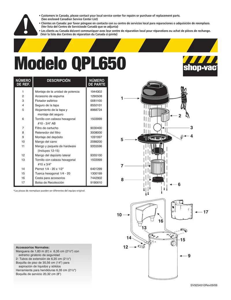 Shop-Vac Parts List for QPL650 Models (10 Gallon* Black / Stainless Steel Vac w/ 3 wheel dolly & carriage handle)