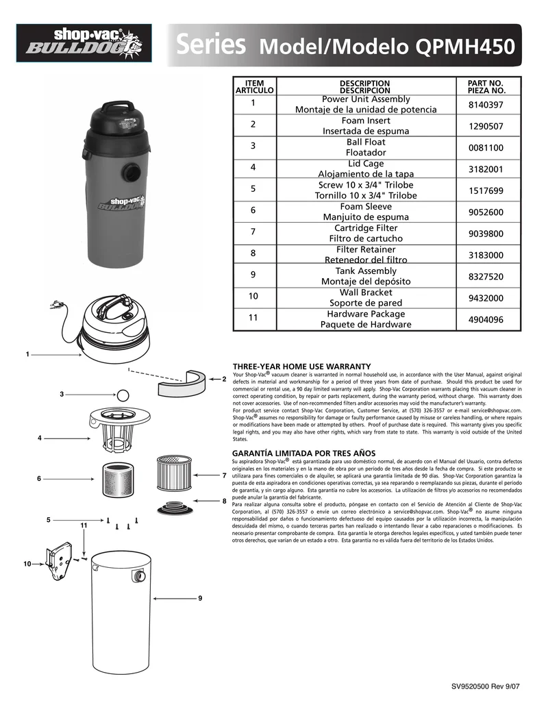 Shop-Vac Parts List for QPMH450 Models (5 Gallon* Red / Black BullDog® HangUp® Vac)