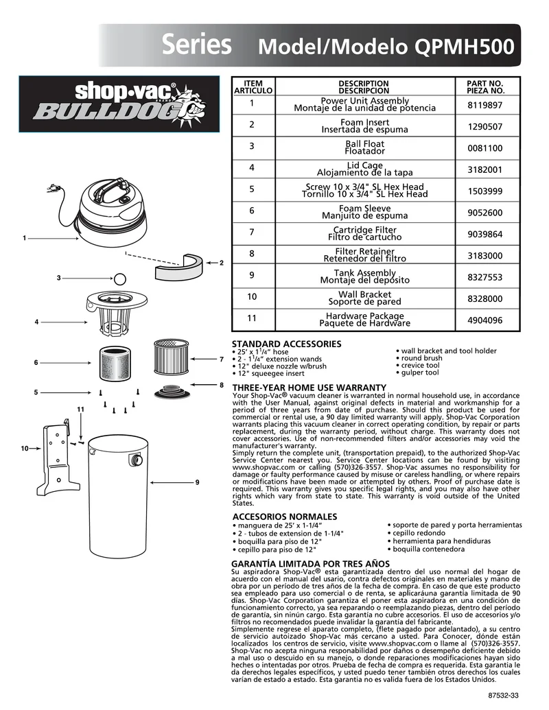 Shop-Vac Parts List for QPMH500 Models (5 Gallon* Red / Black BullDog® HangUp® Vac)