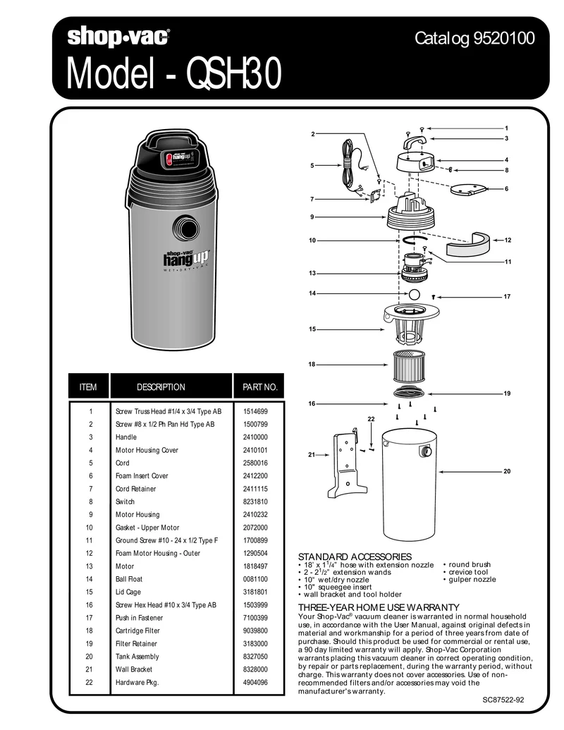 Shop-Vac Parts List for QSH30 Models (3.5 Gallon* HangUp® Vac)
