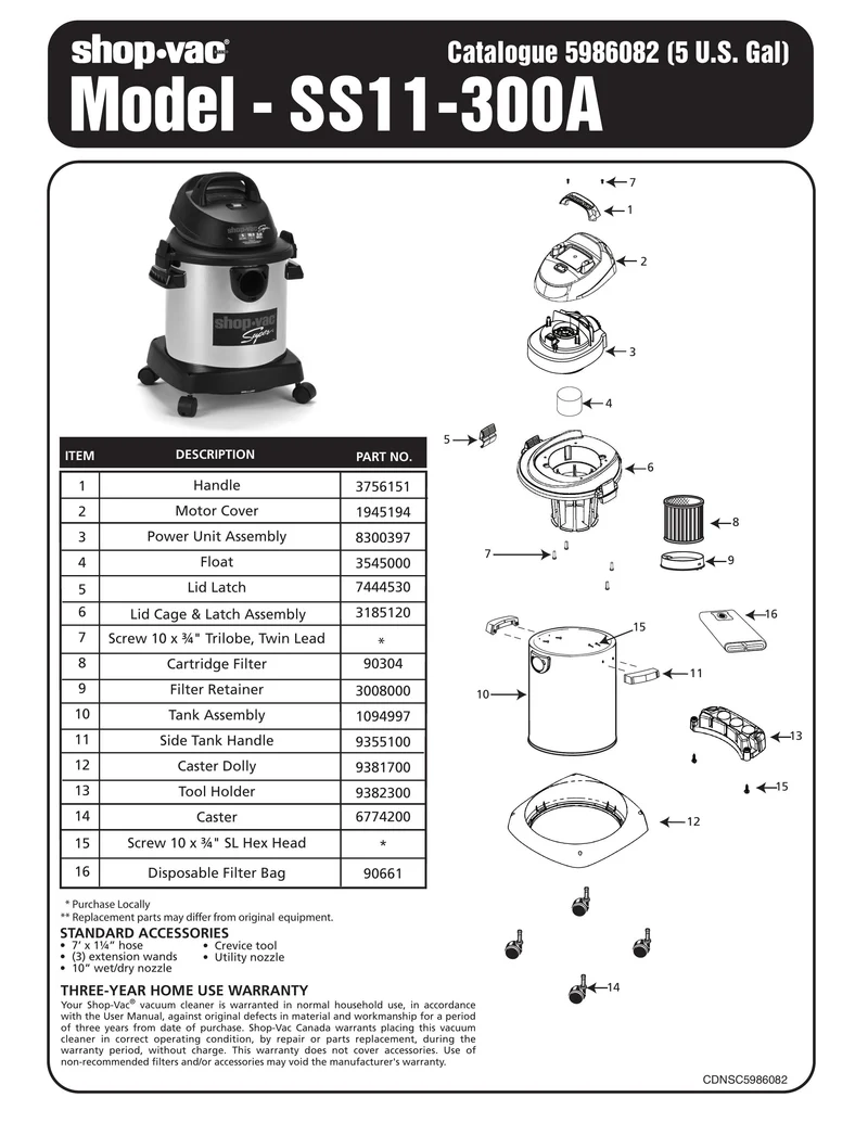 Shop-Vac Parts List for SS11-300A Models (5 Gallon* Black / Red Stainless Steel Vac)