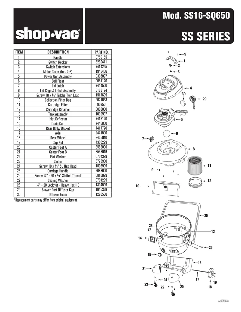 Shop-Vac Parts List for SQ650 Models (14 Gallon* Black / Red Vac w/ SVX2 Motor Technology)