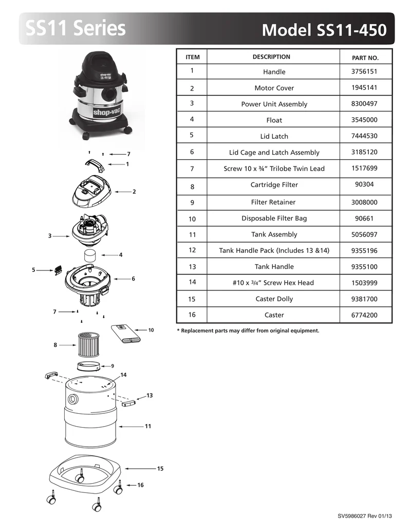 Shop-Vac Parts List for SS11-450 Models (5 Gallon* Black / Red Stainless Steel Vac)
