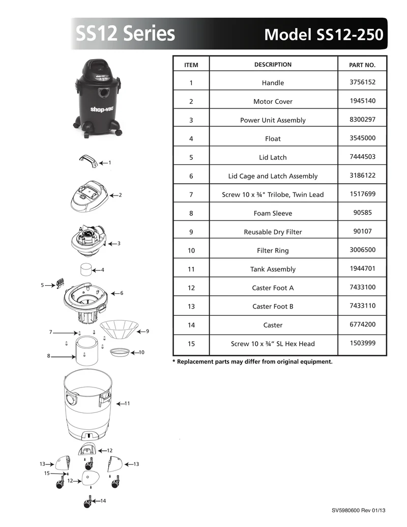 Shop-Vac Parts List for SS12-250 Models (6 Gallon* Black / Red Vac)