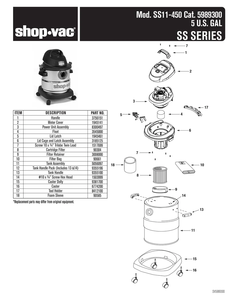 Shop-Vac Parts List for SS11-450 Models (5 Gallon* Black / Red Stainless Steel Vac w/ Tool Holder & Foam Sleeve)