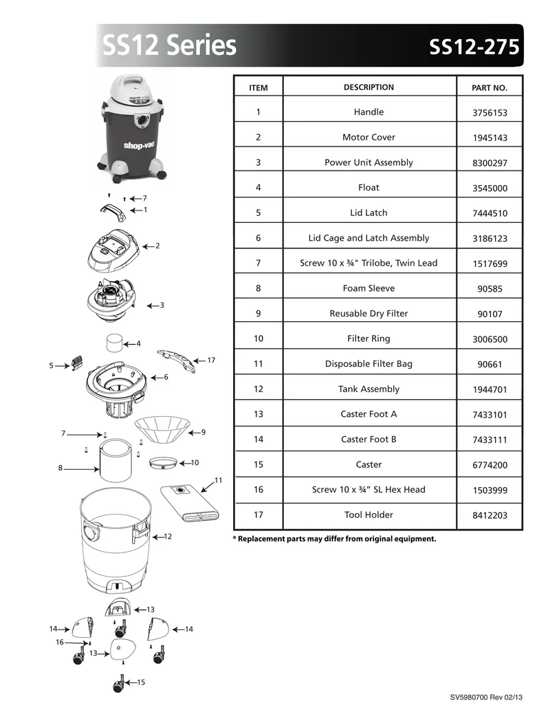 Shop-Vac Parts List for SS12-275 Models (6 Gallon* Green / Gray Vac)