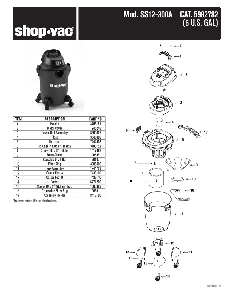 Shop-Vac Parts List for SS12-300A Models (6 Gallon* Black / Red Vac w/ Red Tank)
