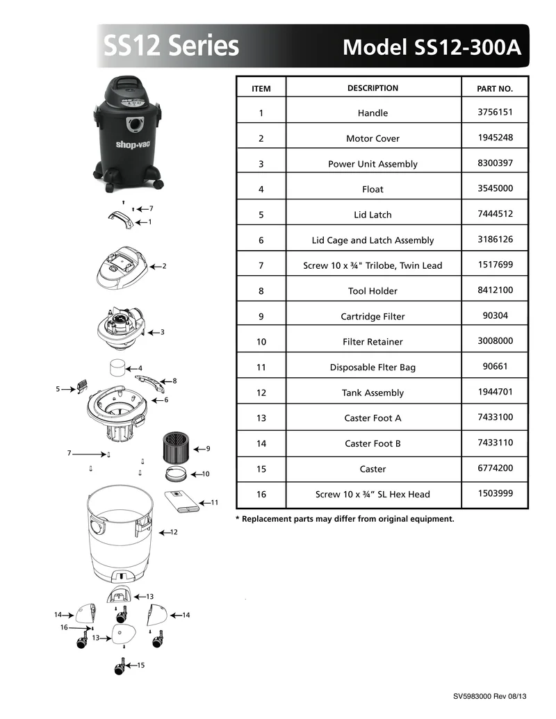 Shop-Vac Parts List for SS12-300A Models (6 Gallon* Black / Yellow Vac)