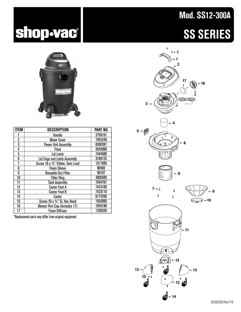 Shop-Vac Parts List for SS12-300A Models (6 Gallon* Black / Red Vac w/ Black Tank)