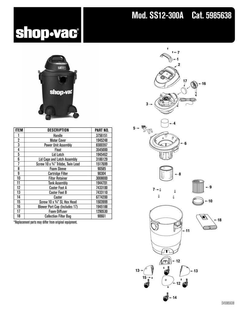 Shop-Vac Parts List for SS12-300A Models (Shop-Vac 6 Gallon* 3.0 Peak HP** Wet/Dry Vacuum)