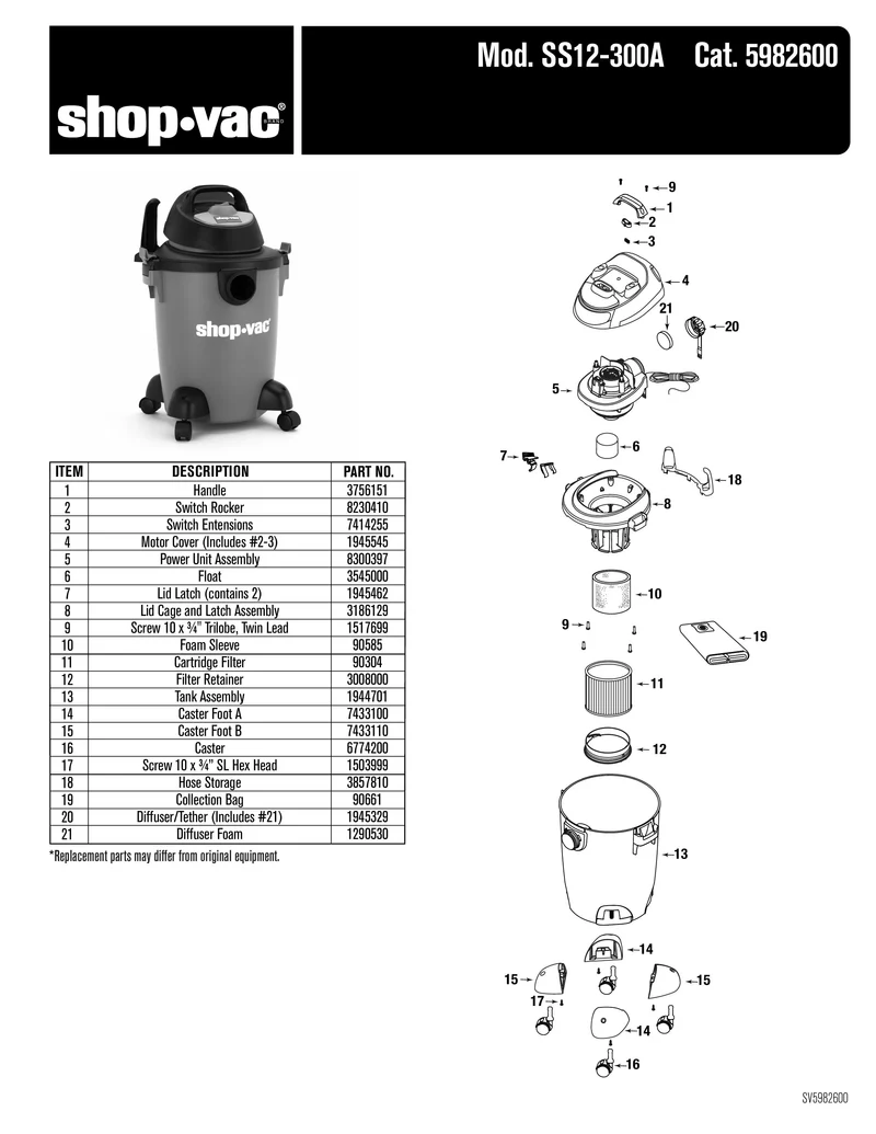 Shop-Vac Parts List for SS12-300A Models (Shop-Vac 6 Gallon 3.0 Peak HP Wet/Dry Utility Vacuum)