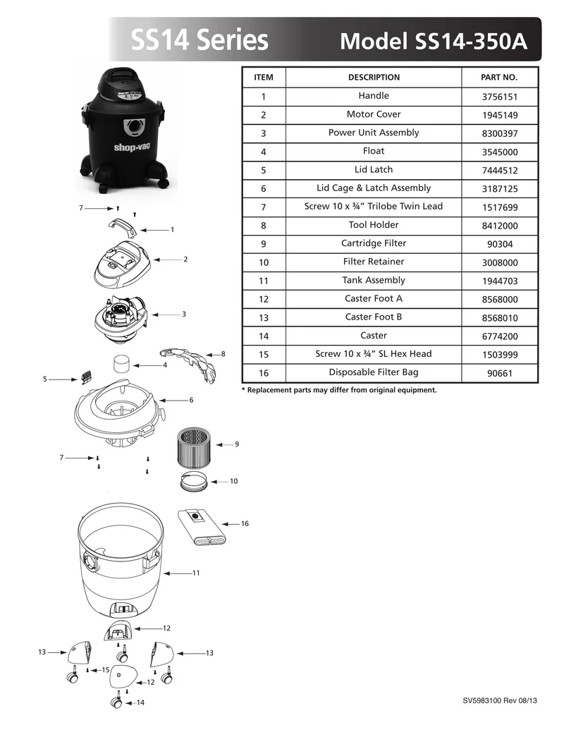 Shop-Vac Parts List for SS14-350A Models (8 Gallon* Black / Yellow Vac)