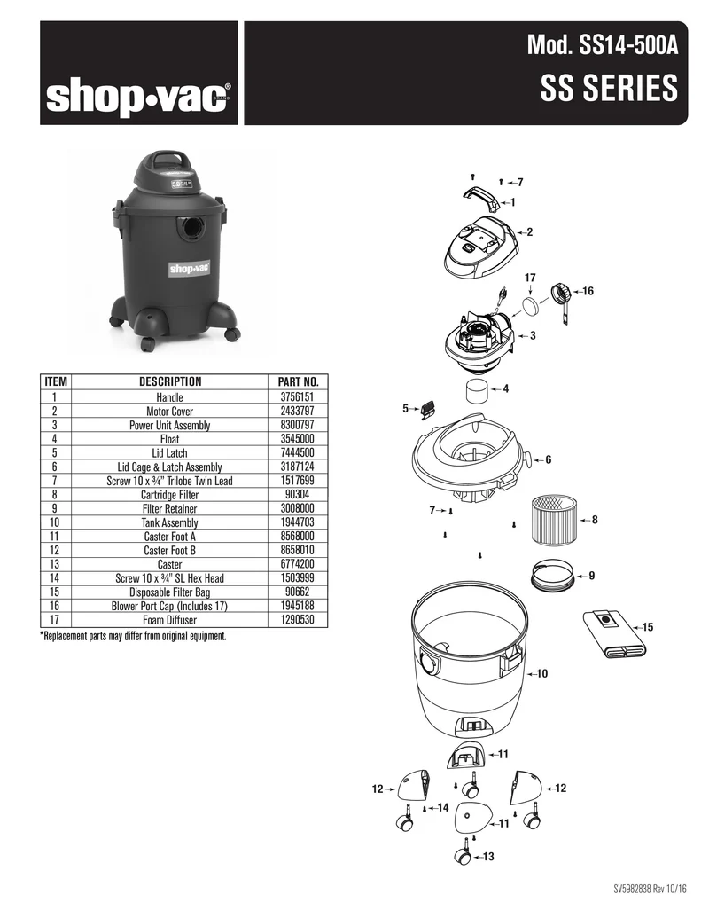 Shop-Vac Parts List for SS14-500A Models (10 Gallon* Black / Red Vac)