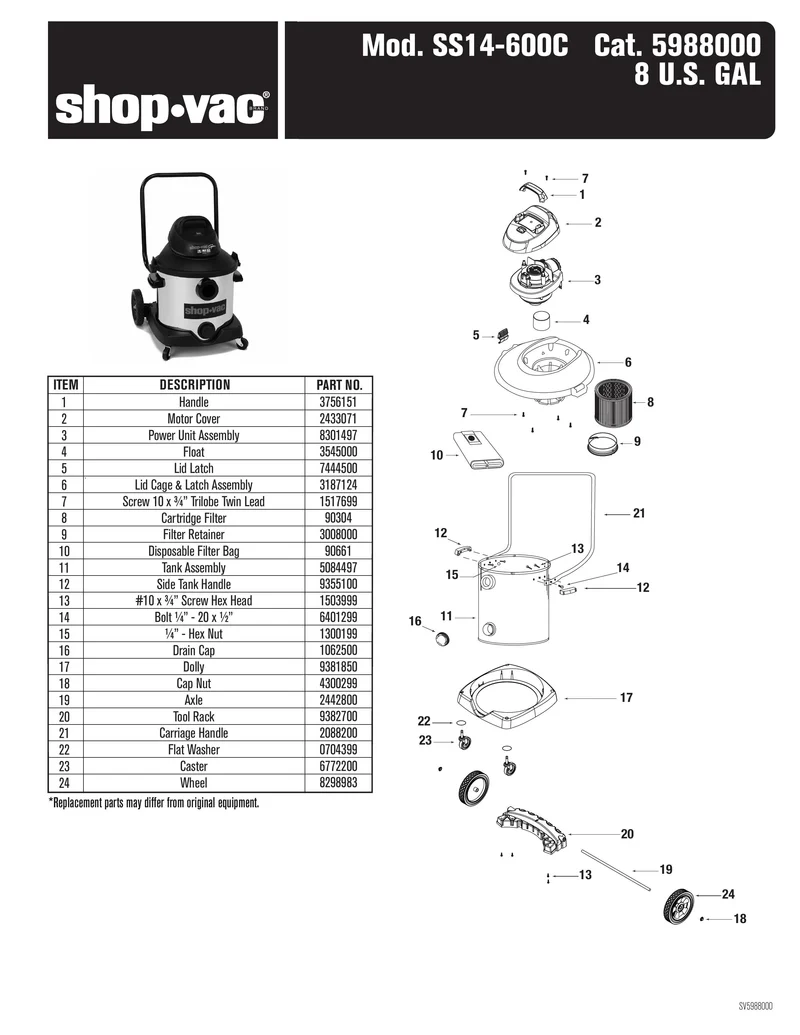 Shop-Vac Parts List for SS14-600C Models (8 Gallon* Black / Red Stainless Steel Vac)