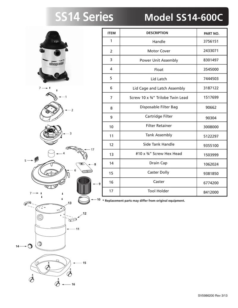 Shop-Vac Parts List for SS14-600C Models (12 Gallon* Black / Red Stainless Steel Vac)