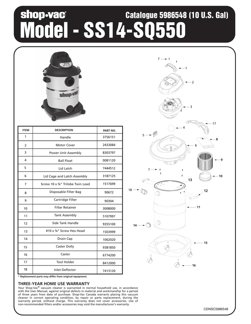 Shop-Vac Parts List for SS14-SQ550 Models (10 Gallon* Black / Yellow Stainless Steel Vac)