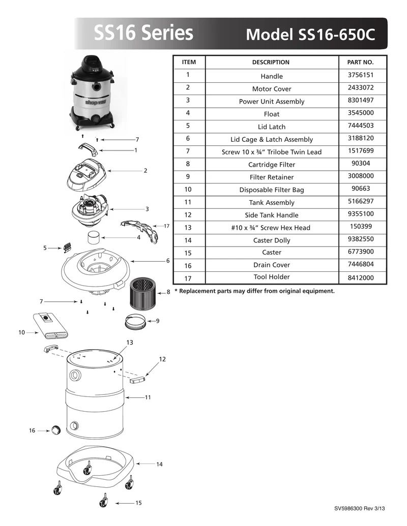 Shop-Vac Parts List for SS16-650C Models (16 Gallon* Black / Red Stainless Steel Vac)