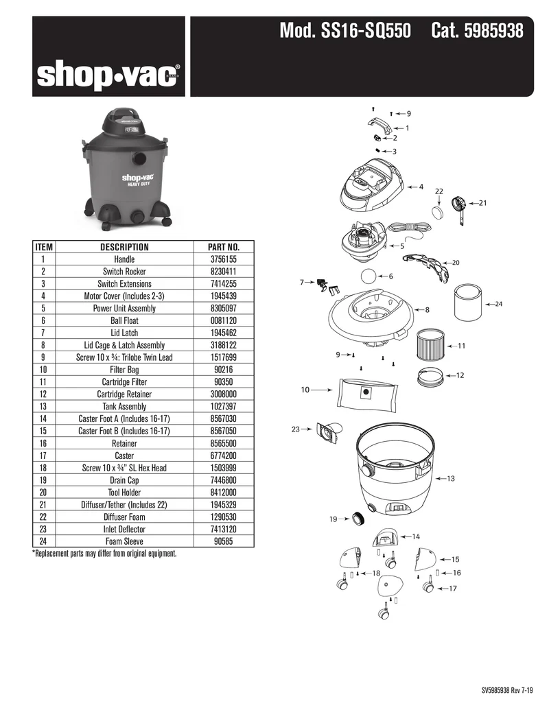 Shop-Vac Parts List for SS16-SQ550 Models (Shop-Vac 12 Gallon* 5.5 Peak HP** Wet/Dry Vacuum with SVX2 Motor Technology)