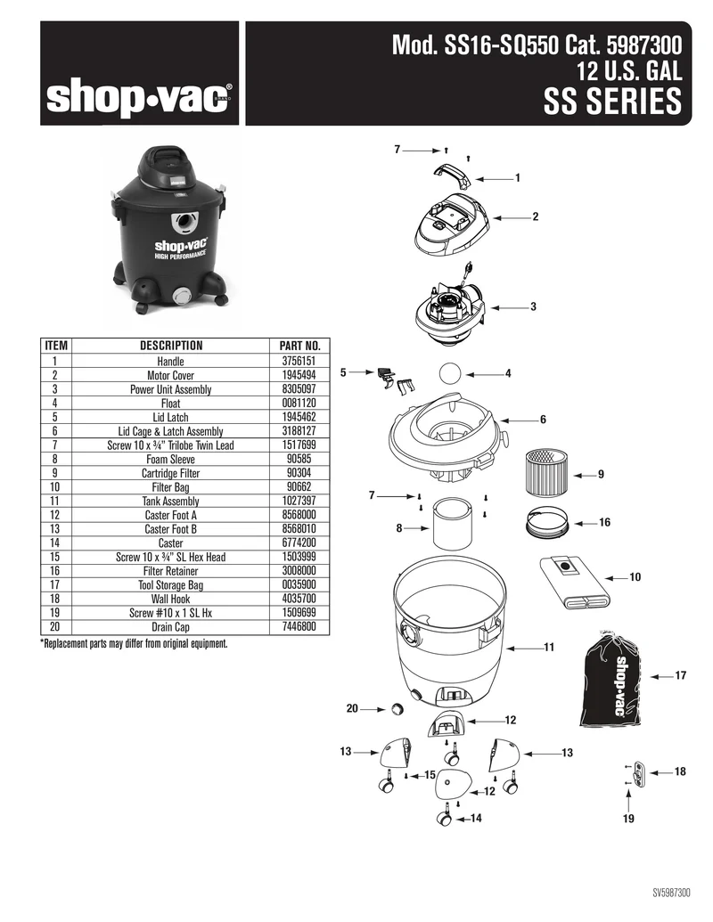 Shop-Vac Parts List for SS16-SQ550 Models (12 Gallon* Black Vac w/ Yellow Inlet and Latches)